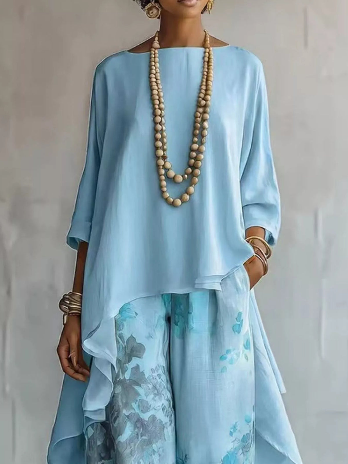 Asymmetrical Hem Top Floral Pants Set (11)