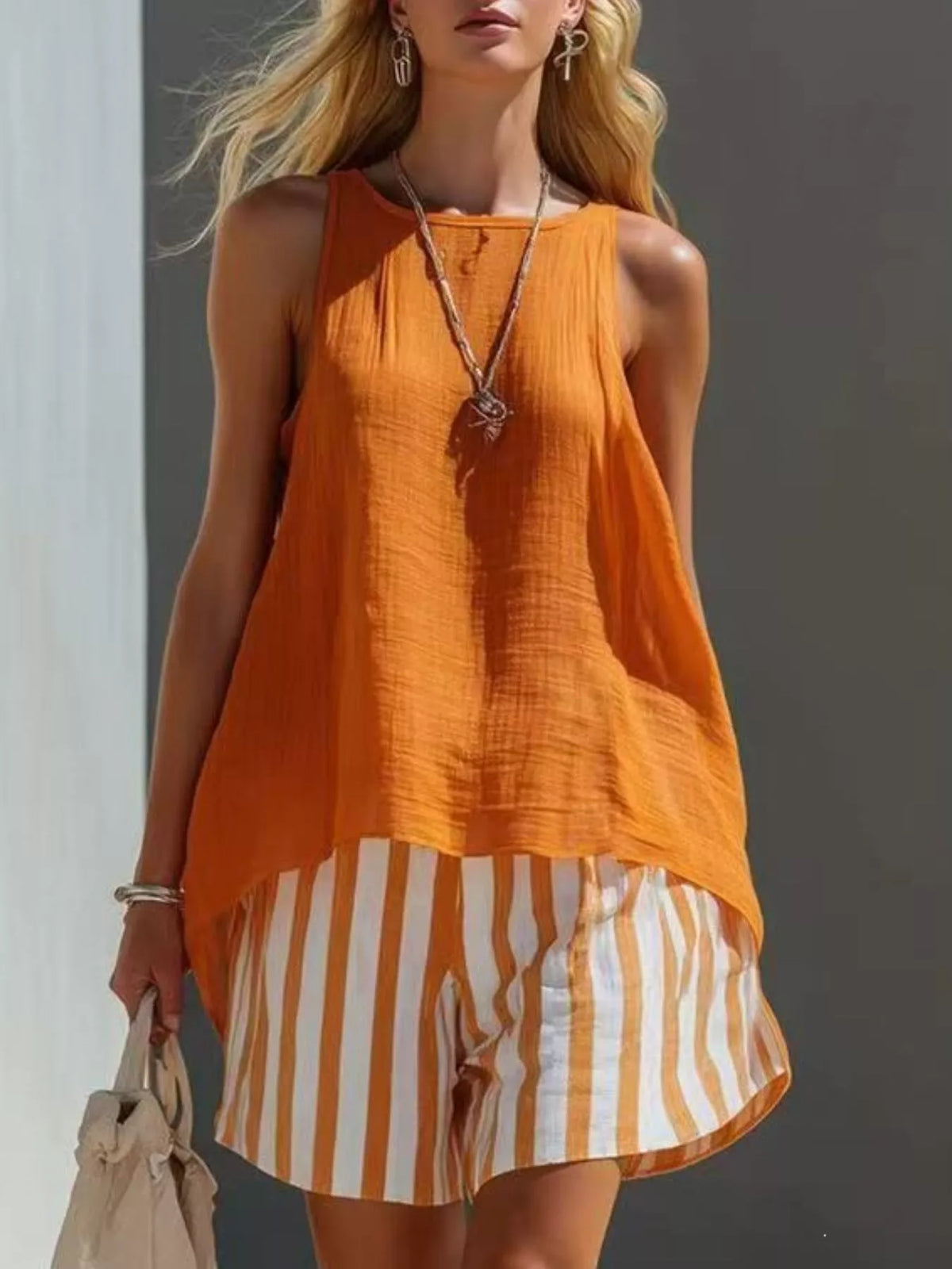 Round Neck Tank Striped Shorts Set (9)