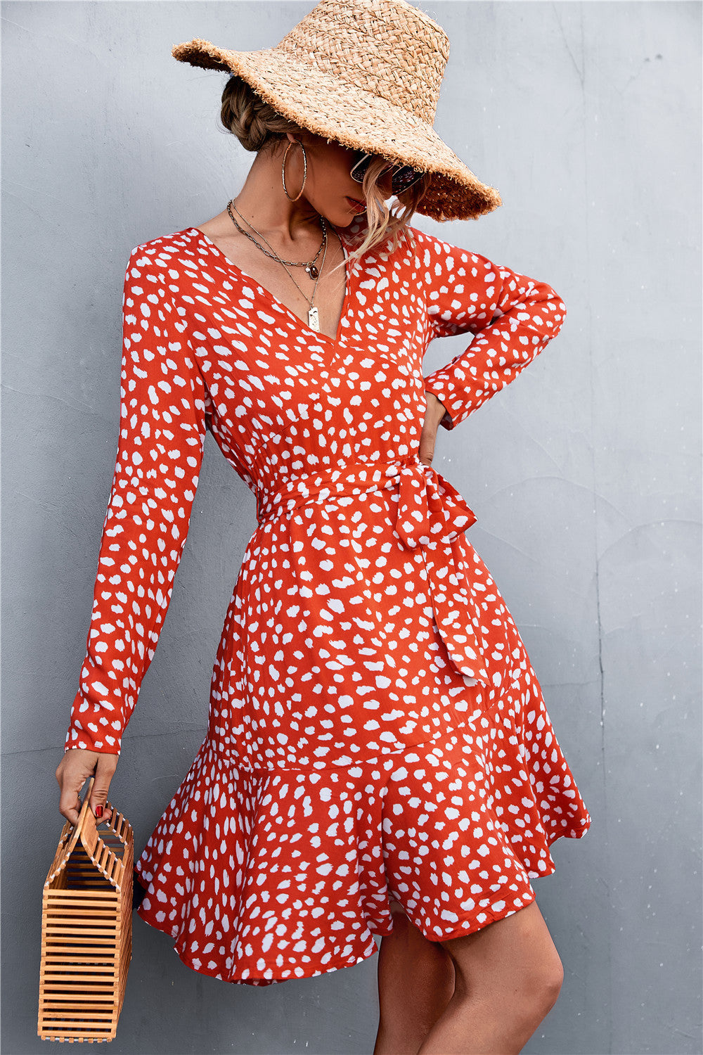 Printed V-neck Tie Belt Ruffle Hem Mini Dress