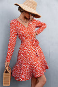 Printed V-neck Tie Belt Ruffle Hem Mini Dress
