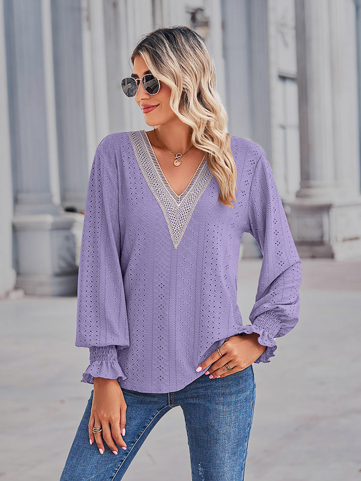 V-neck Eyelet Flounce Sleeve Blouse (3)
