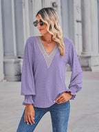 V-neck Eyelet Flounce Sleeve Blouse (3)