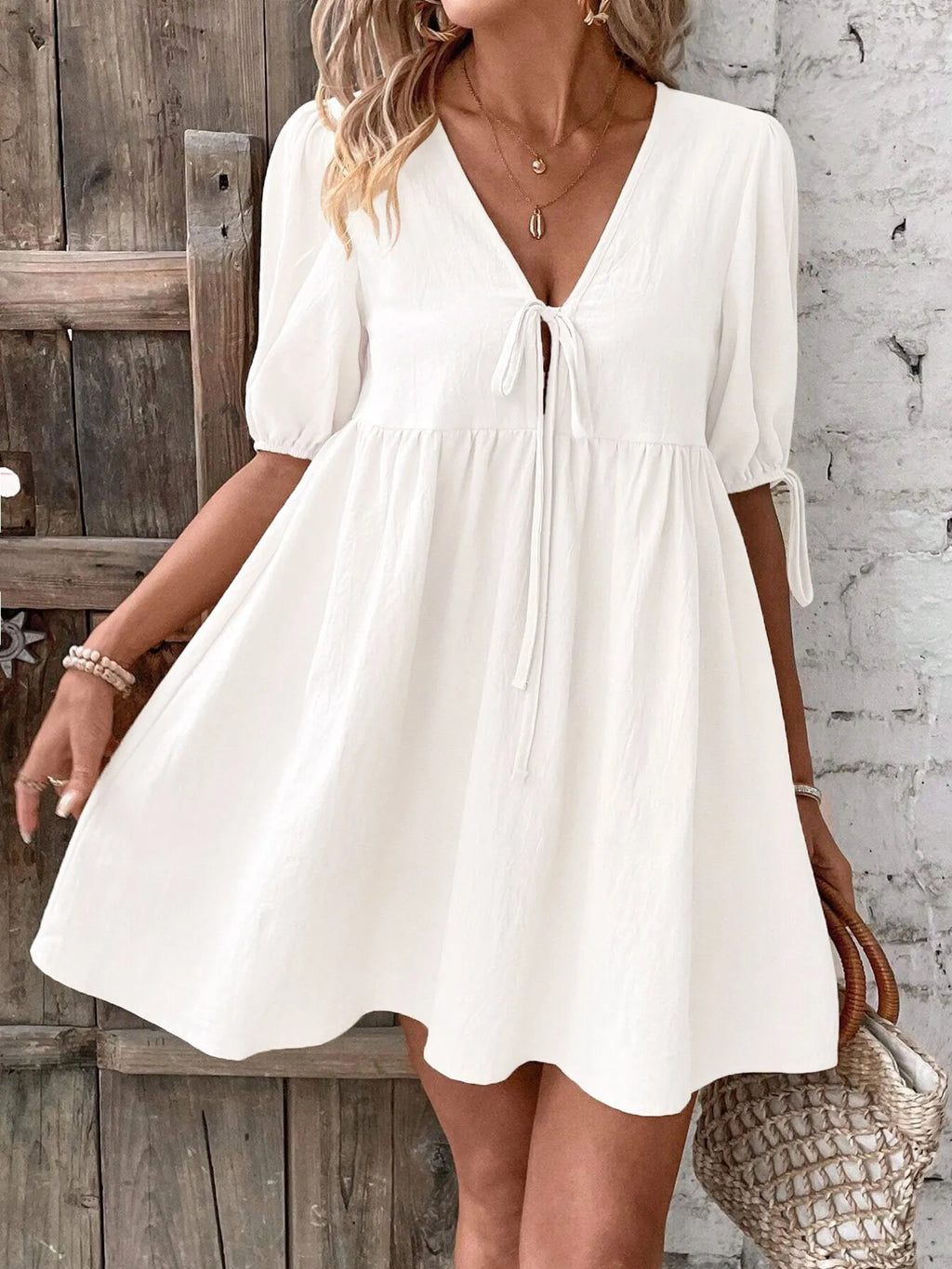 V-neck Tie-front Mini Dress Puff Sleeves (11)