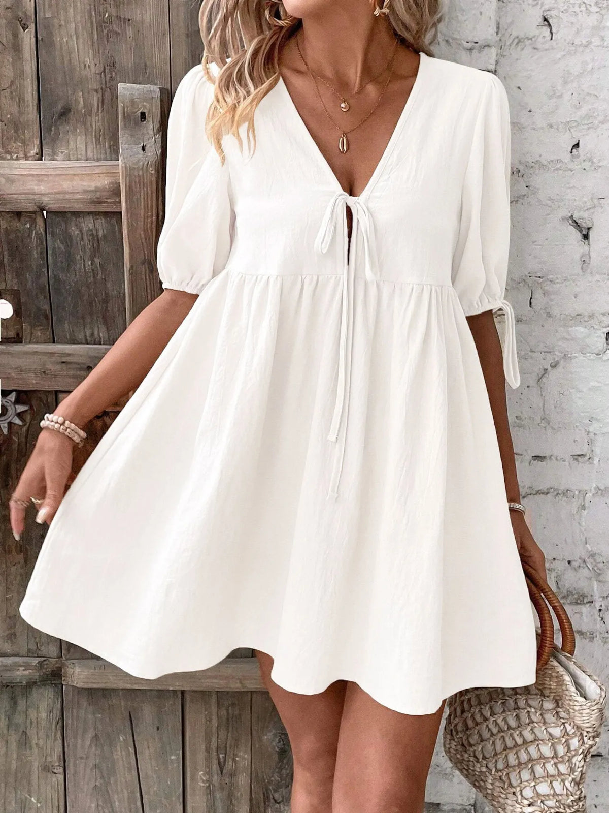 V-neck Tie-front Mini Dress Puff Sleeves (11)