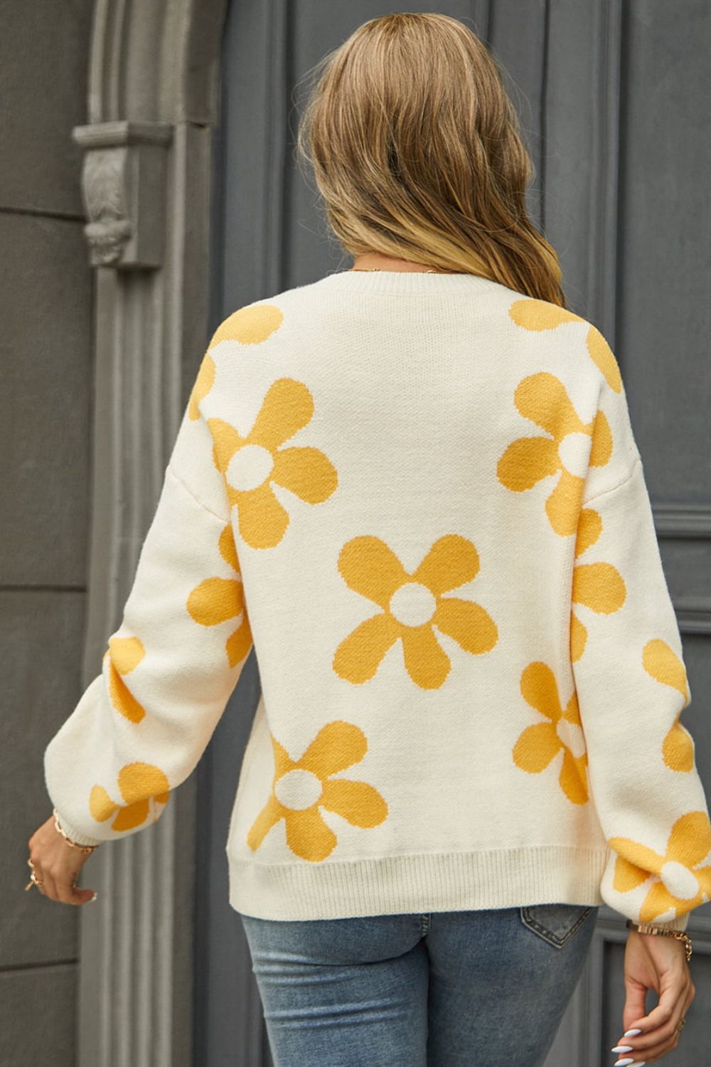 Floral Print Round Neck Dropped Shoulder Pullover Sweater (15)