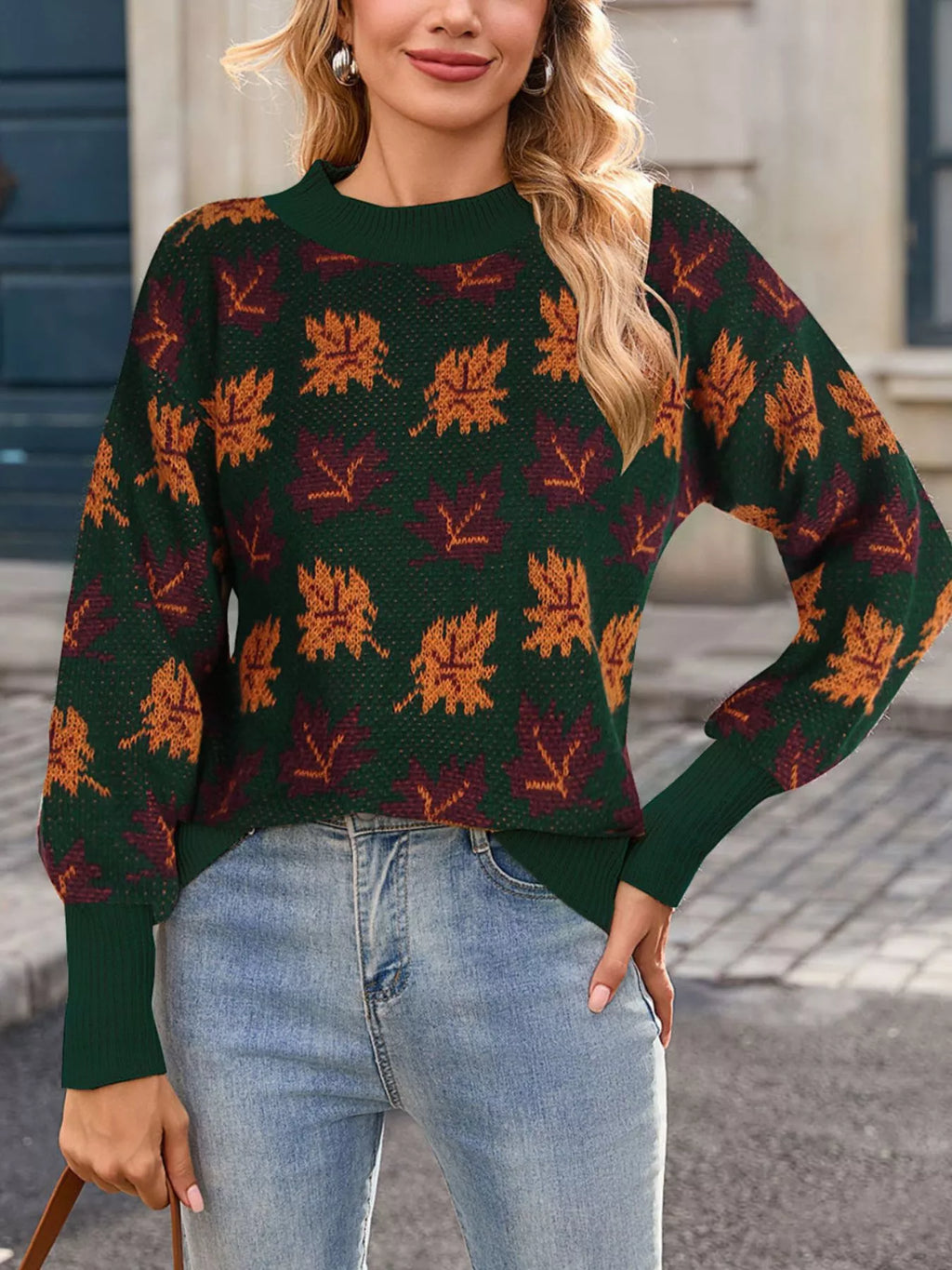 Autumn Leaf Pattern Mock Neck Sweater (8)