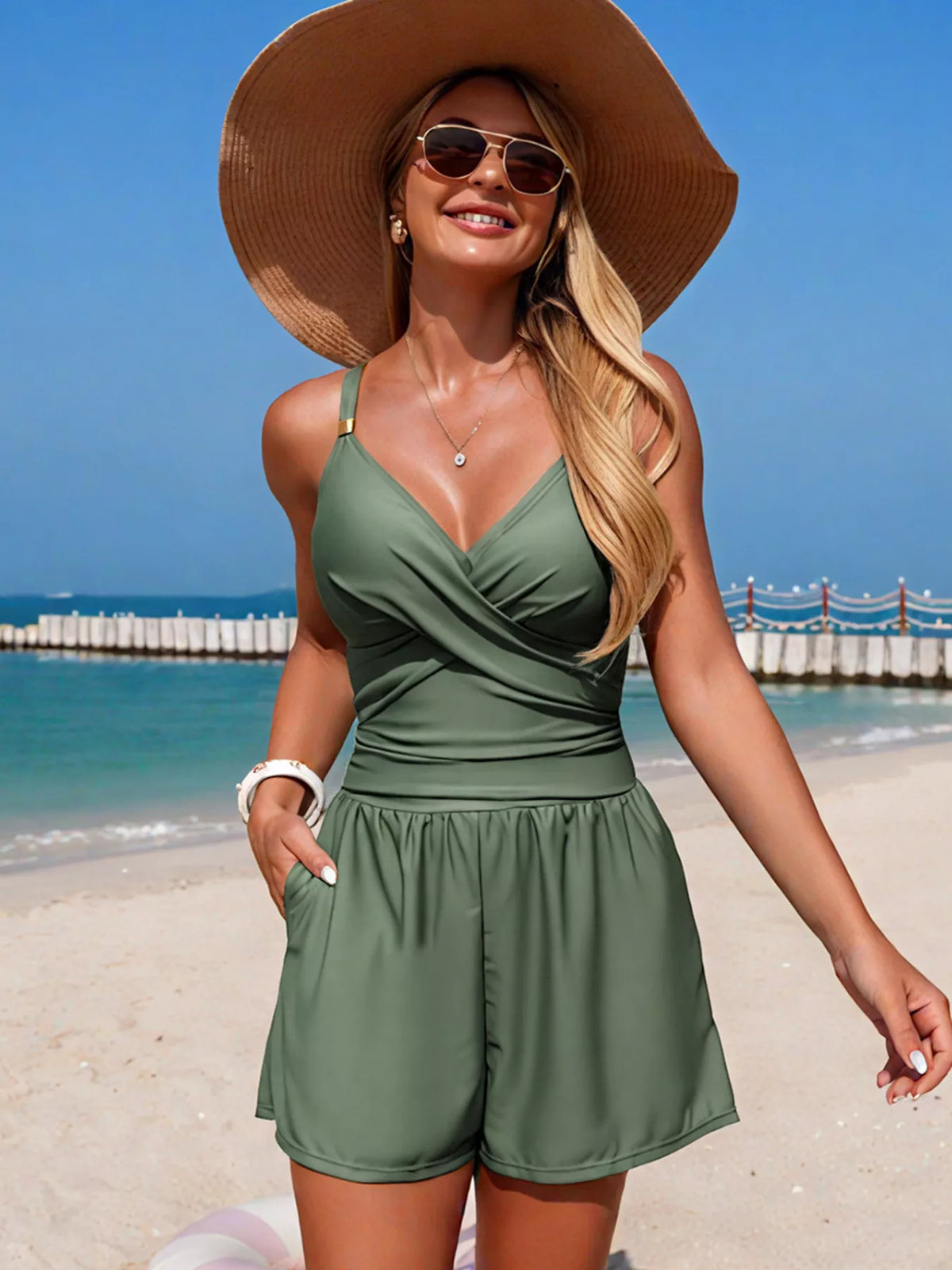 V-neck Spaghetti Strap One-piece Swimsuit (8)