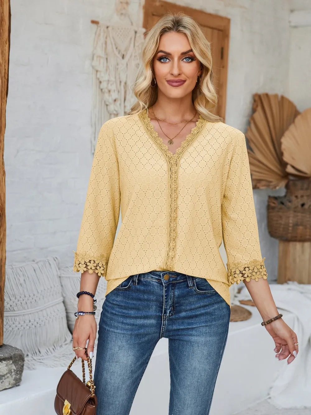 Lace Detail V-neck Three-quarter Sleeve Blouse (27)