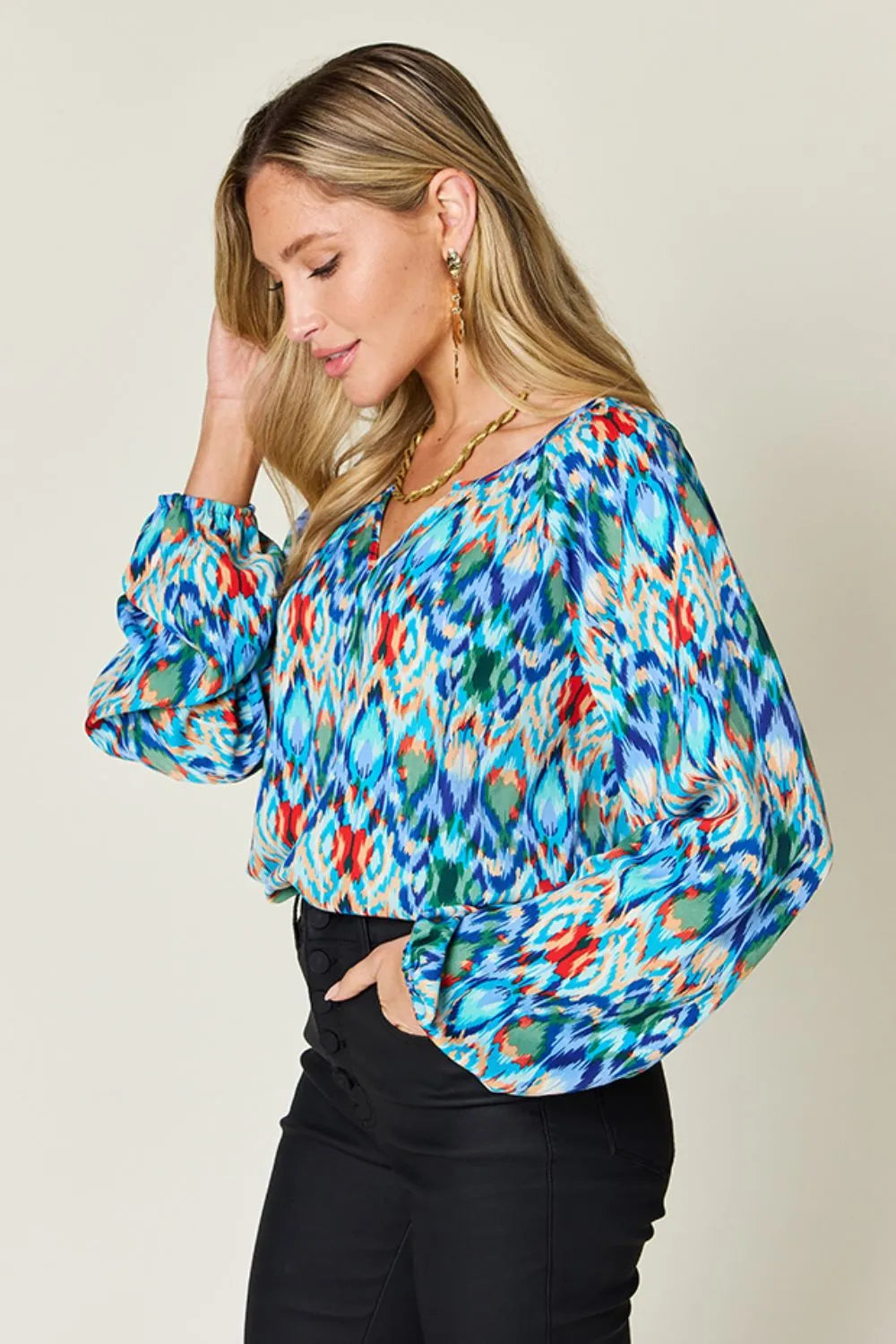 Full Size Printed Balloon Sleeve Blouse (3)