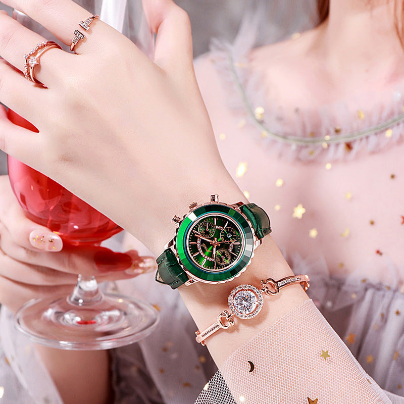 Green Leather Strap Belt Calendar Watch photo 9