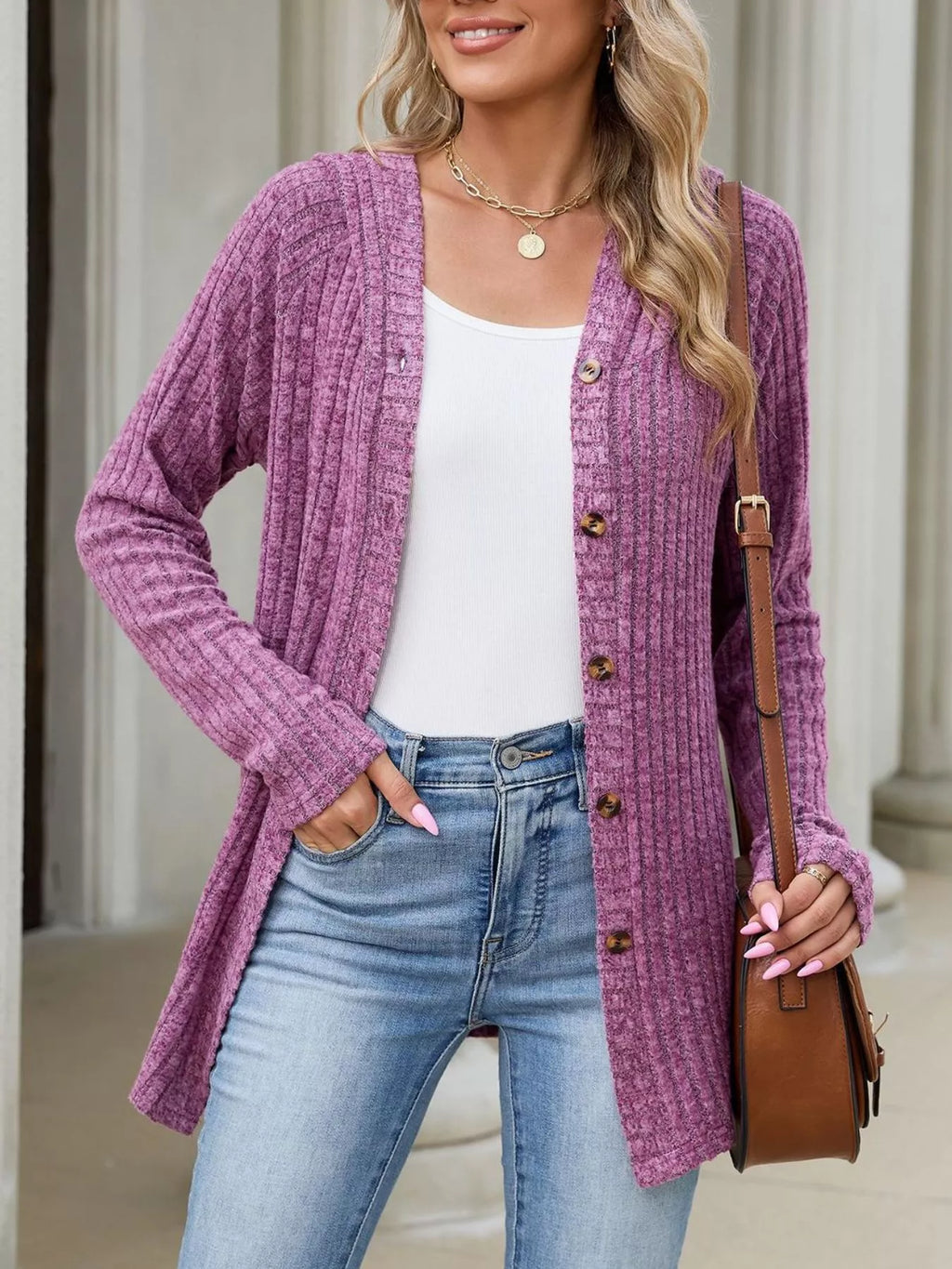 Ribbed Knit Hooded Button-down Cardigan (4)