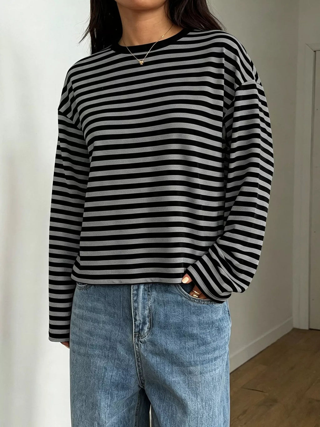 Full Size Casual Long-sleeve Striped Crew Neck T-shirt Plus