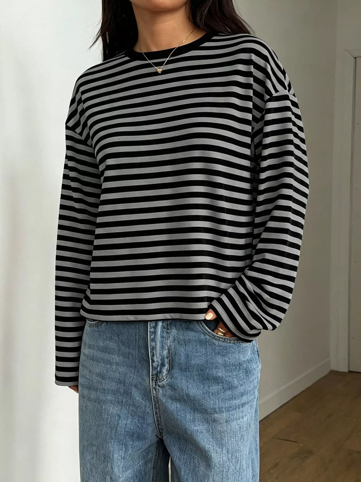 Full Size Casual Long-sleeve Striped Crew Neck T-shirt Plus