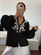 Embroidered Notched Long Sleeve Blouse (7)