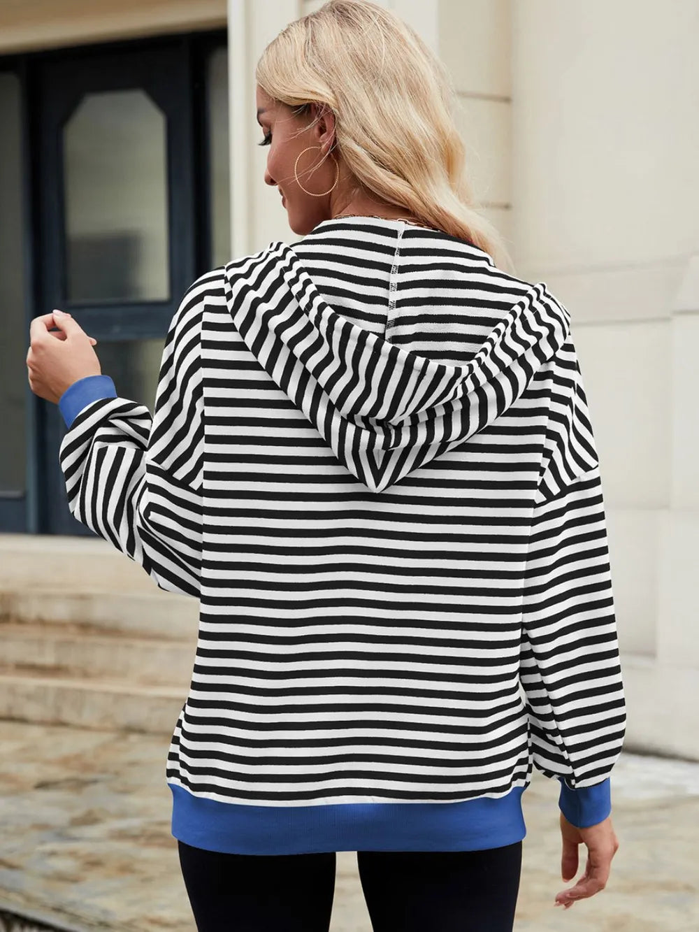 Drawstring Striped Zip Up Long Sleeve Hoodie (11)
