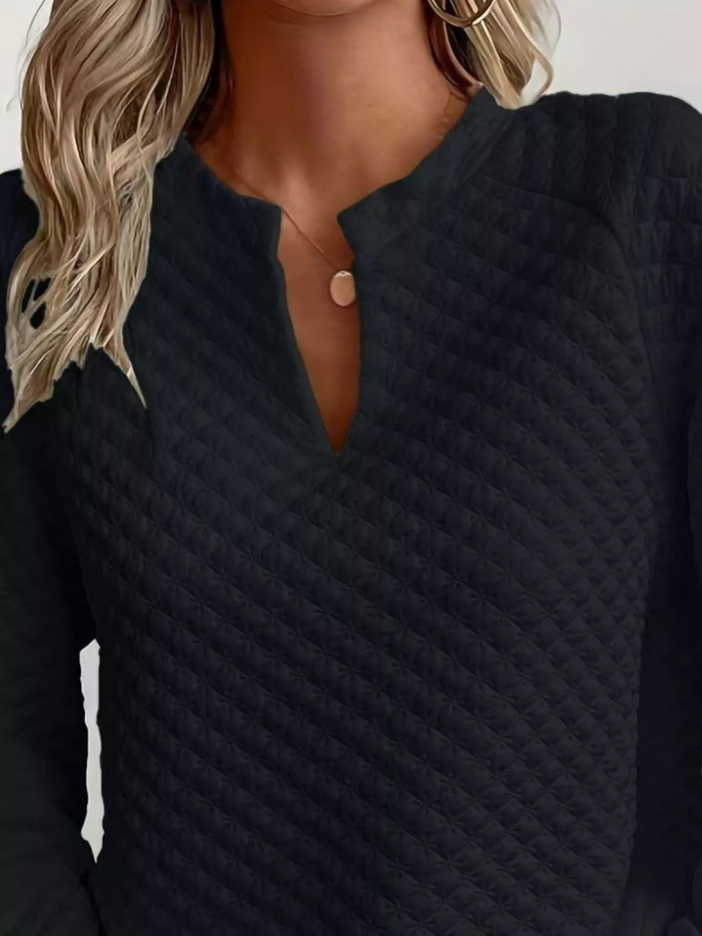 Quilted Texture Long Sleeve Sweatshirt Notched Neck (22)