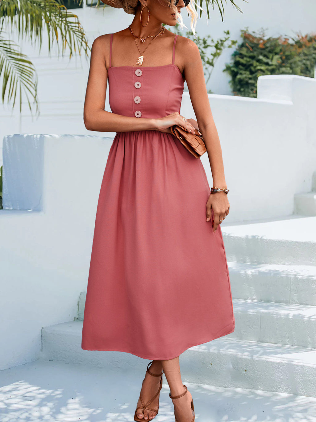 Decorative Button Spaghetti Strap Midi Dress (3)