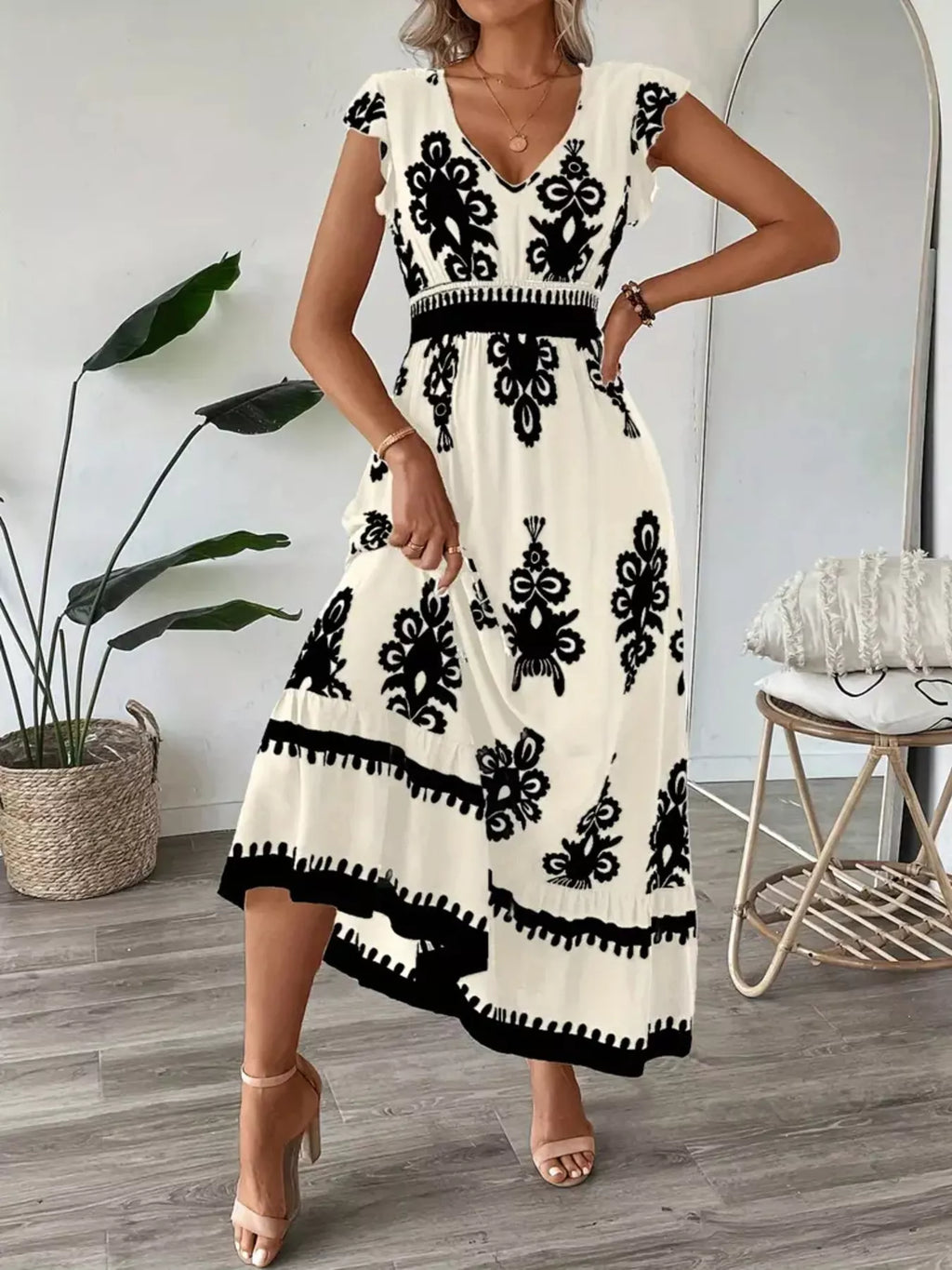 Printed V-neck Ruffled Cap Sleeve Dress (5)