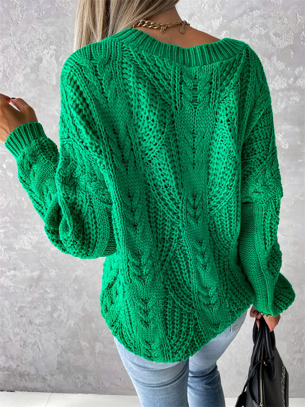 V-neck Cable-knit Long Sleeve Sweater (12)