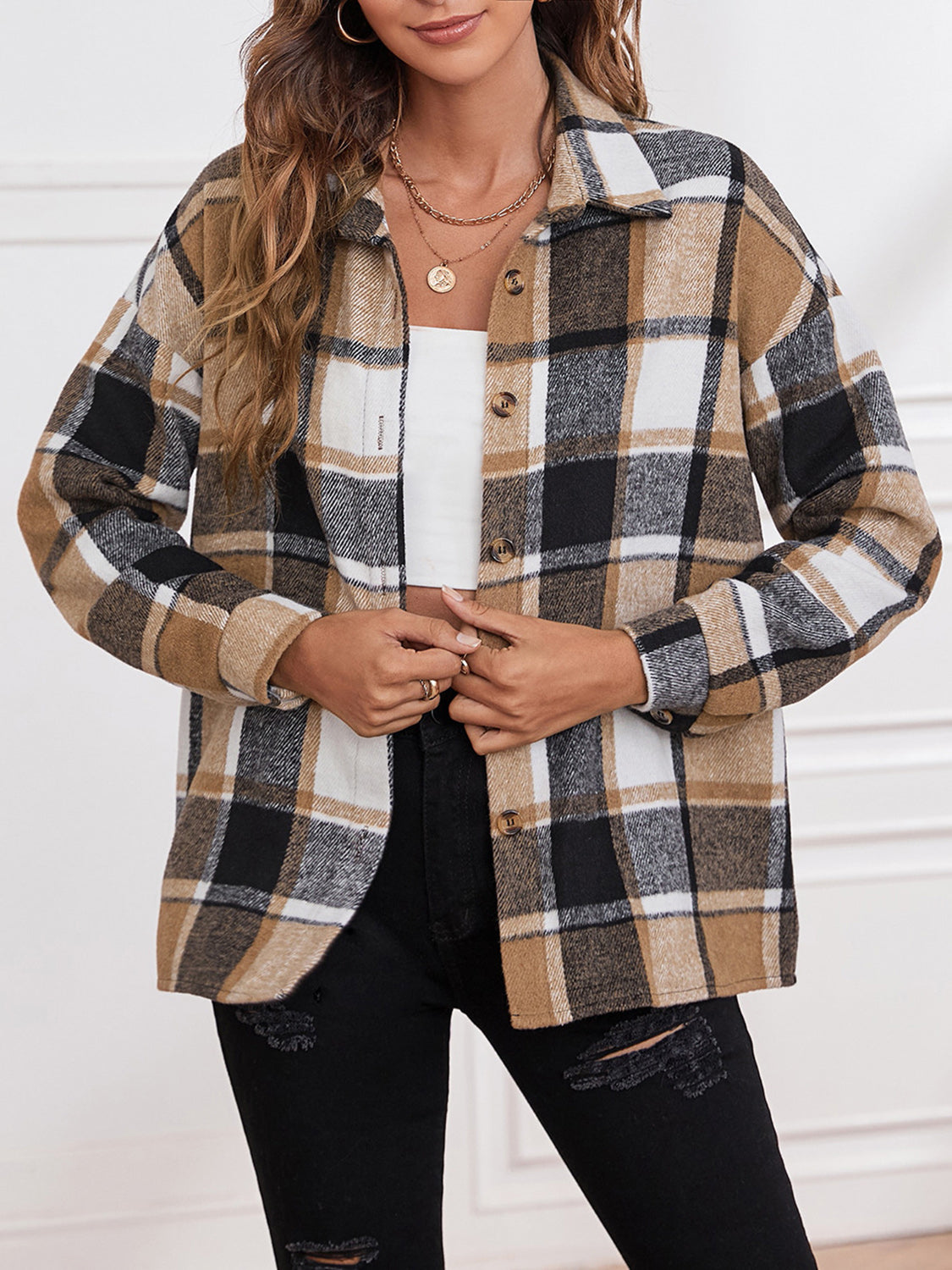 Plaid Collared Neck Button Down Jacket (5)