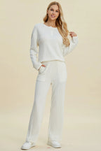 Full Size Cable-knit Long Sleeve Top Pants Set (6)