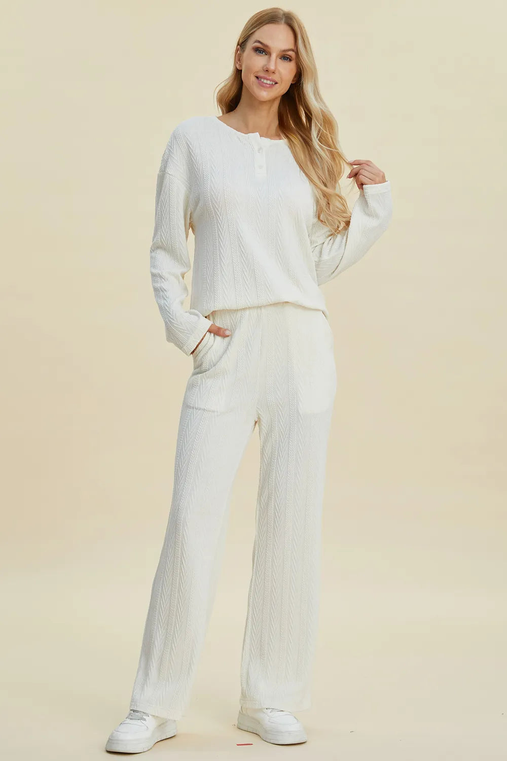 Full Size Cable-knit Long Sleeve Top Pants Set (6)