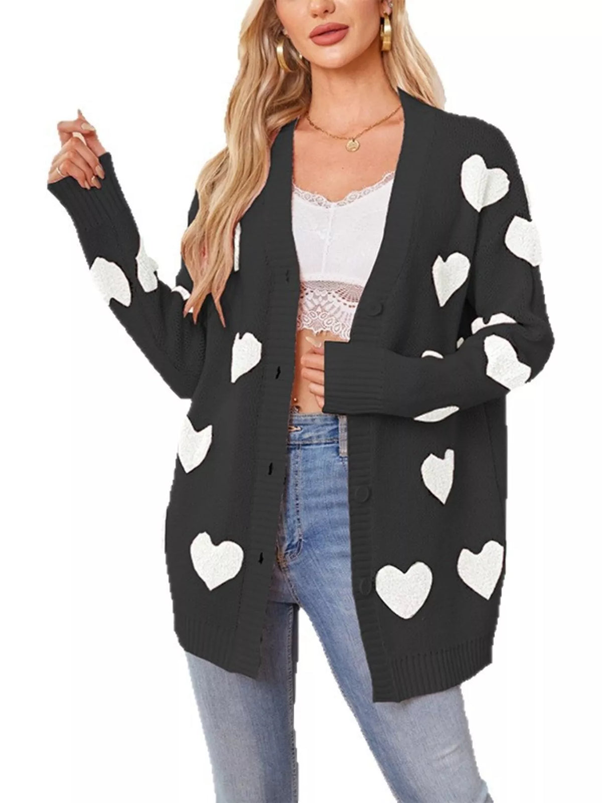 Heart Pattern V-neck Button-down Knit Cardigan (12)