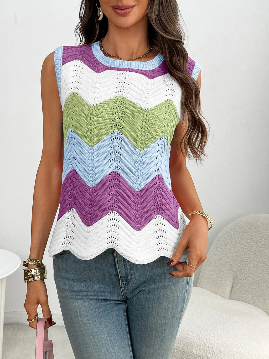 Block Round Neck Sweater Vest (15)
