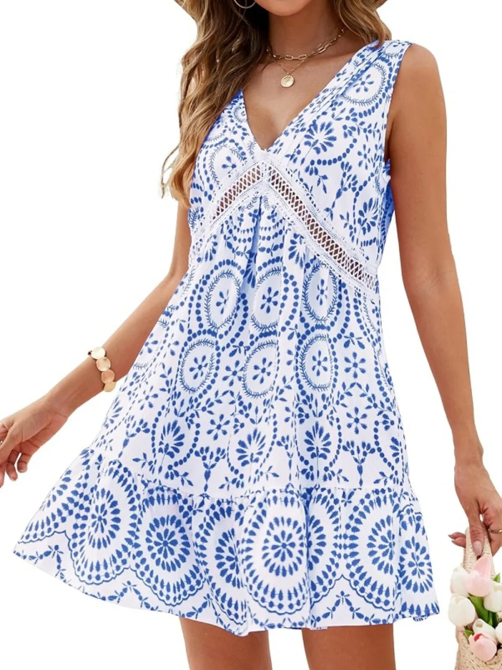 Printed V-neck Sleeveless Mini Dress (5)