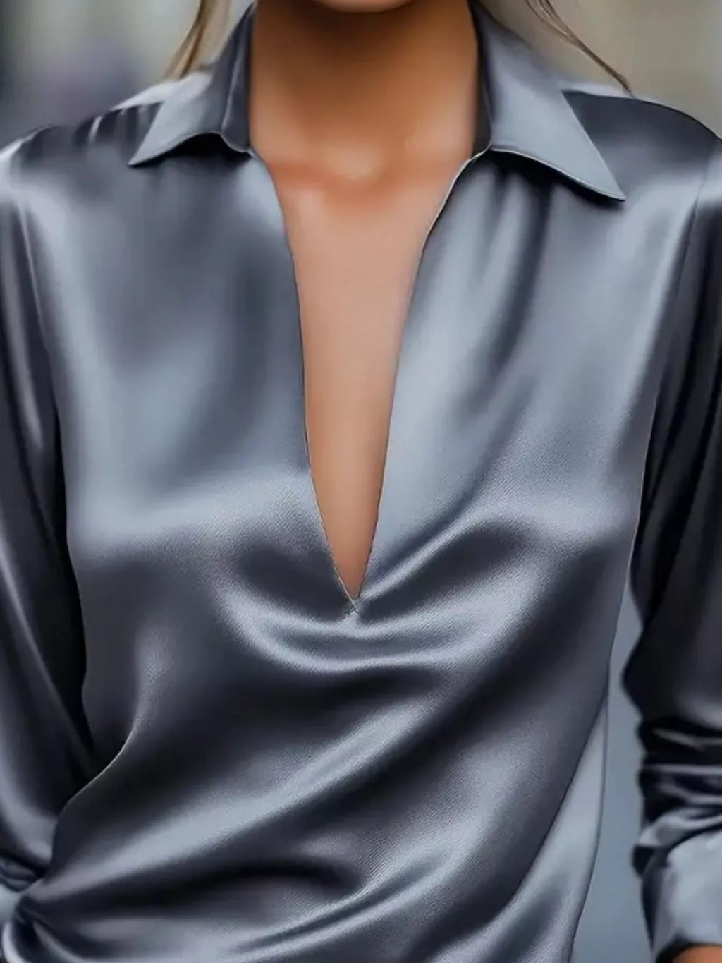 Satin Johnny Collar Long Sleeve Blouse (9)