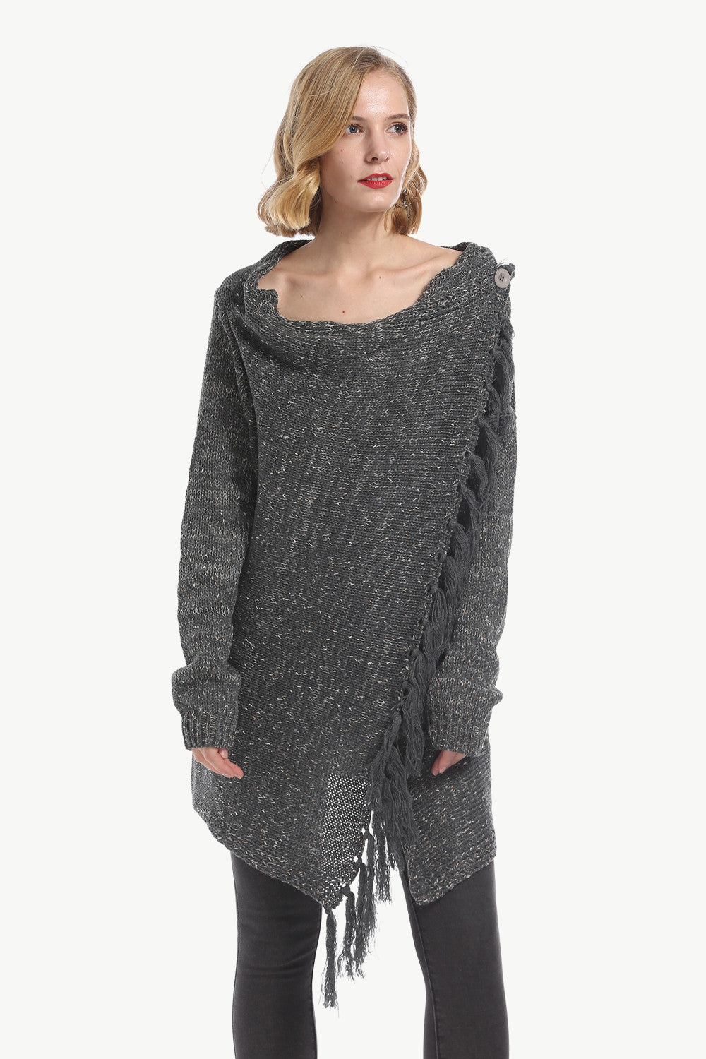 One-button Tassel Tie Asymmetrical Hem Cardigan (19)