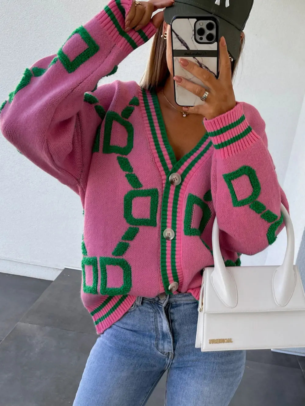 Geometric Dropped Shoulder Button Down Cardigan (4)