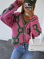 Geometric Dropped Shoulder Button Down Cardigan (4)
