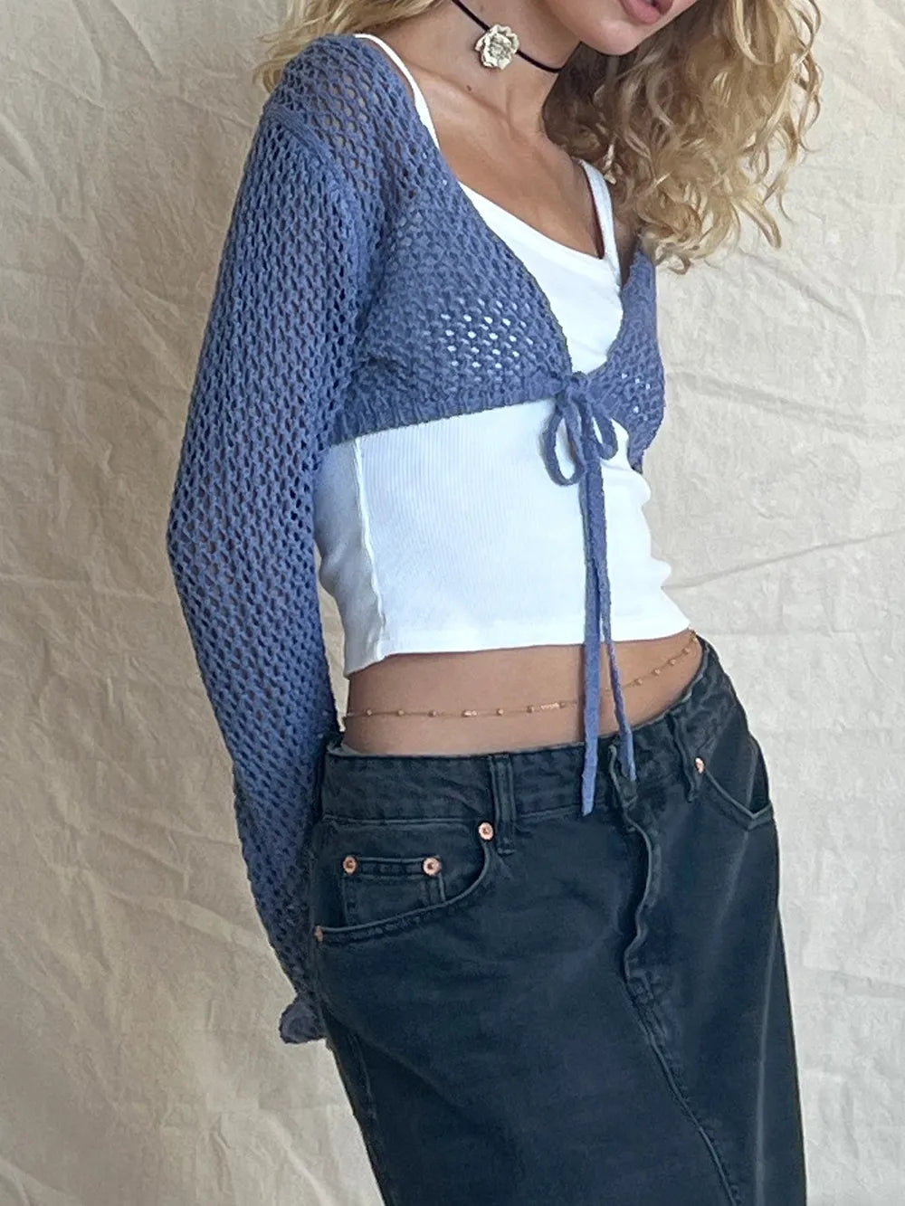 Openwork Tied Dropped Shoulder Cardigan (2)