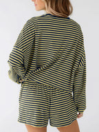 Casual Striped Long Sleeve Top Shorts Set (11)