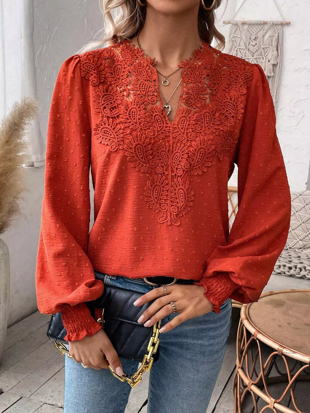 Swiss Dot Lace Detail Long Sleeve Blouse (3)