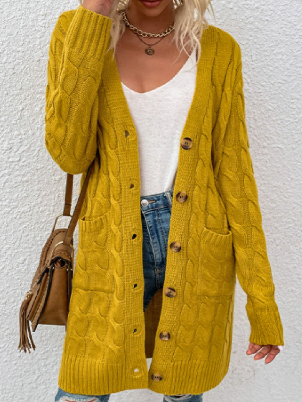 Cable-knit Button Down Cardigan Pockets