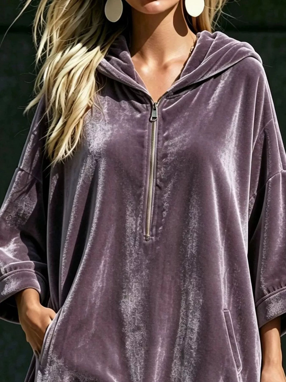 Full Size Half-zip 3/4 Sleeve Hoodie Dress Plus (14)