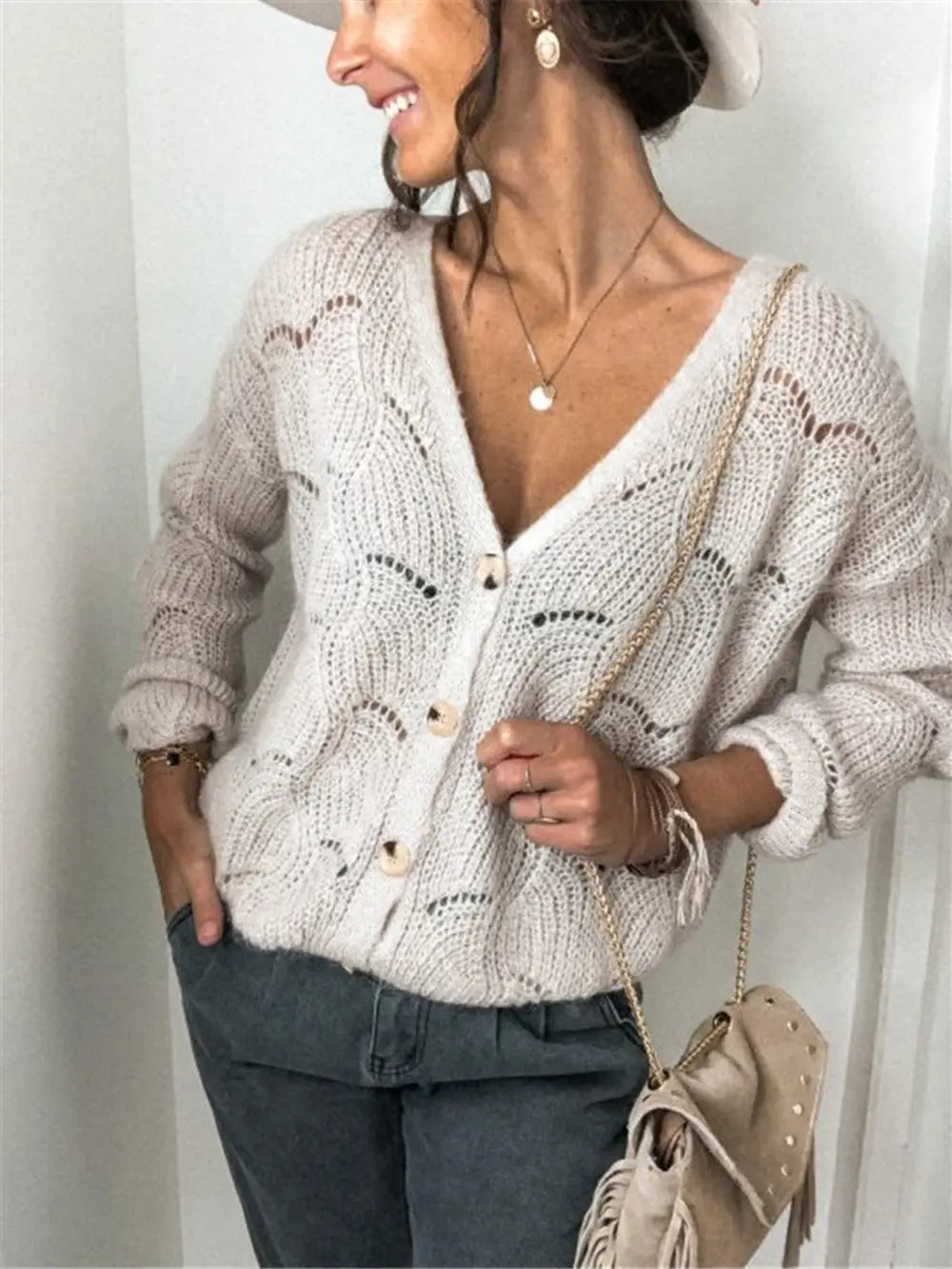 Openwork Button Up Long Sleeve Cardigan (3)