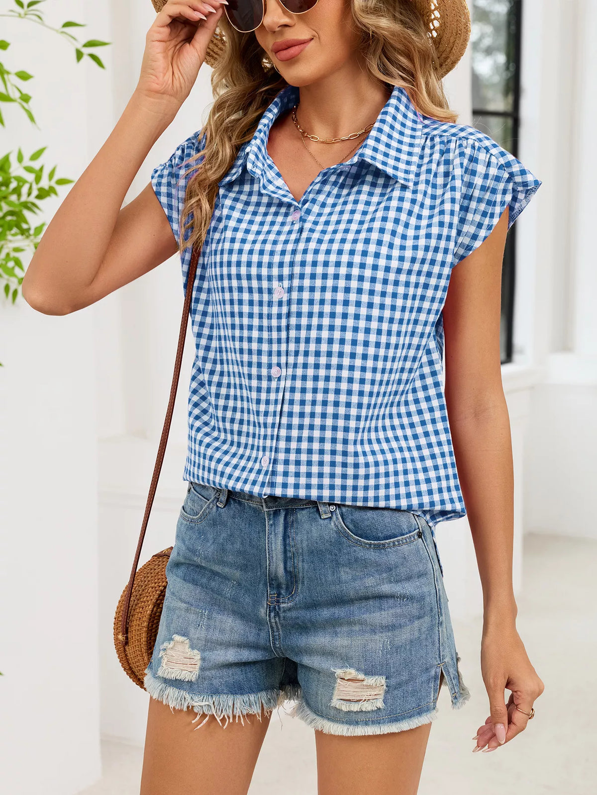 Plaid Button Up Cap Sleeve Shirt (32)