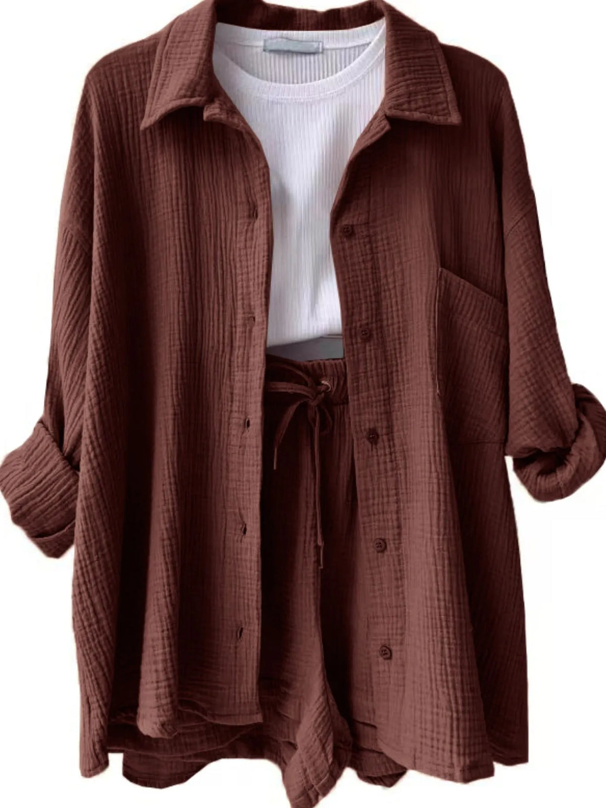Textured Button Up Shirt Shorts Set (7)