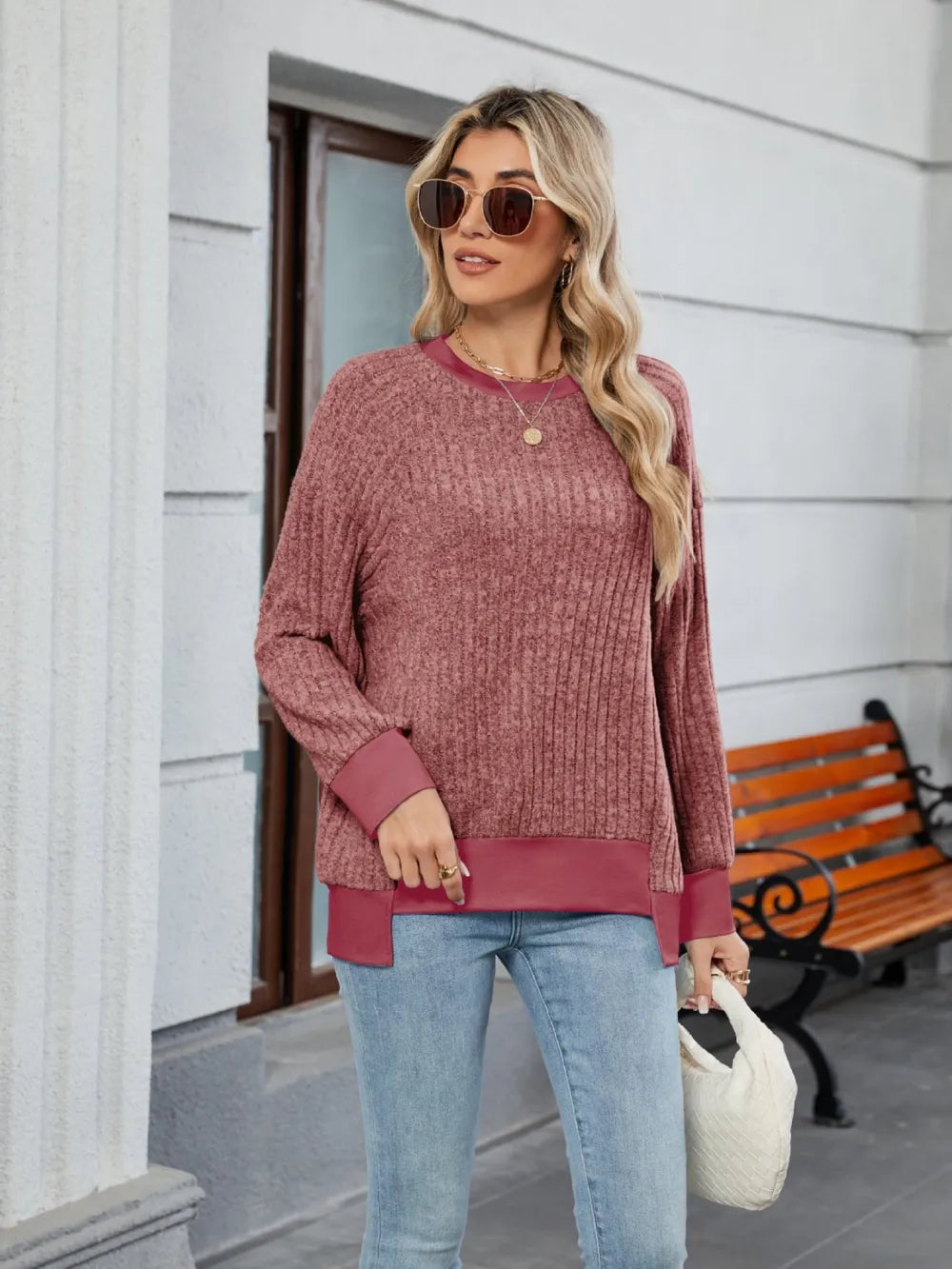 Contrast Trim Round Neck Long Sleeve T-shirt (24)