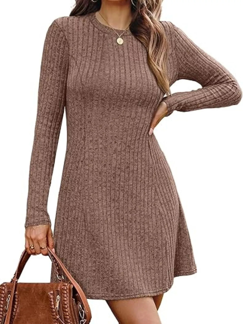 Ribbed Knit Long Sleeve A-line Dress (11)
