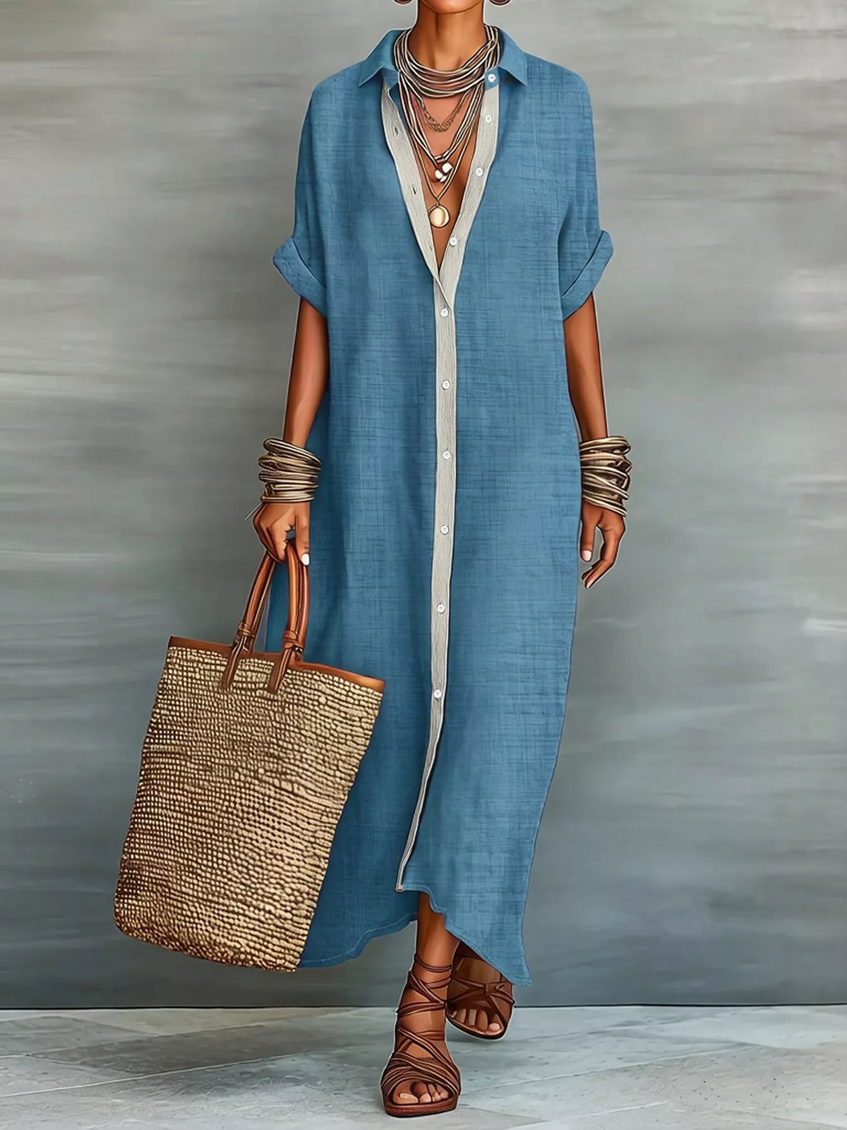 Casual Linen Shirt Dress Button-down Front (9)