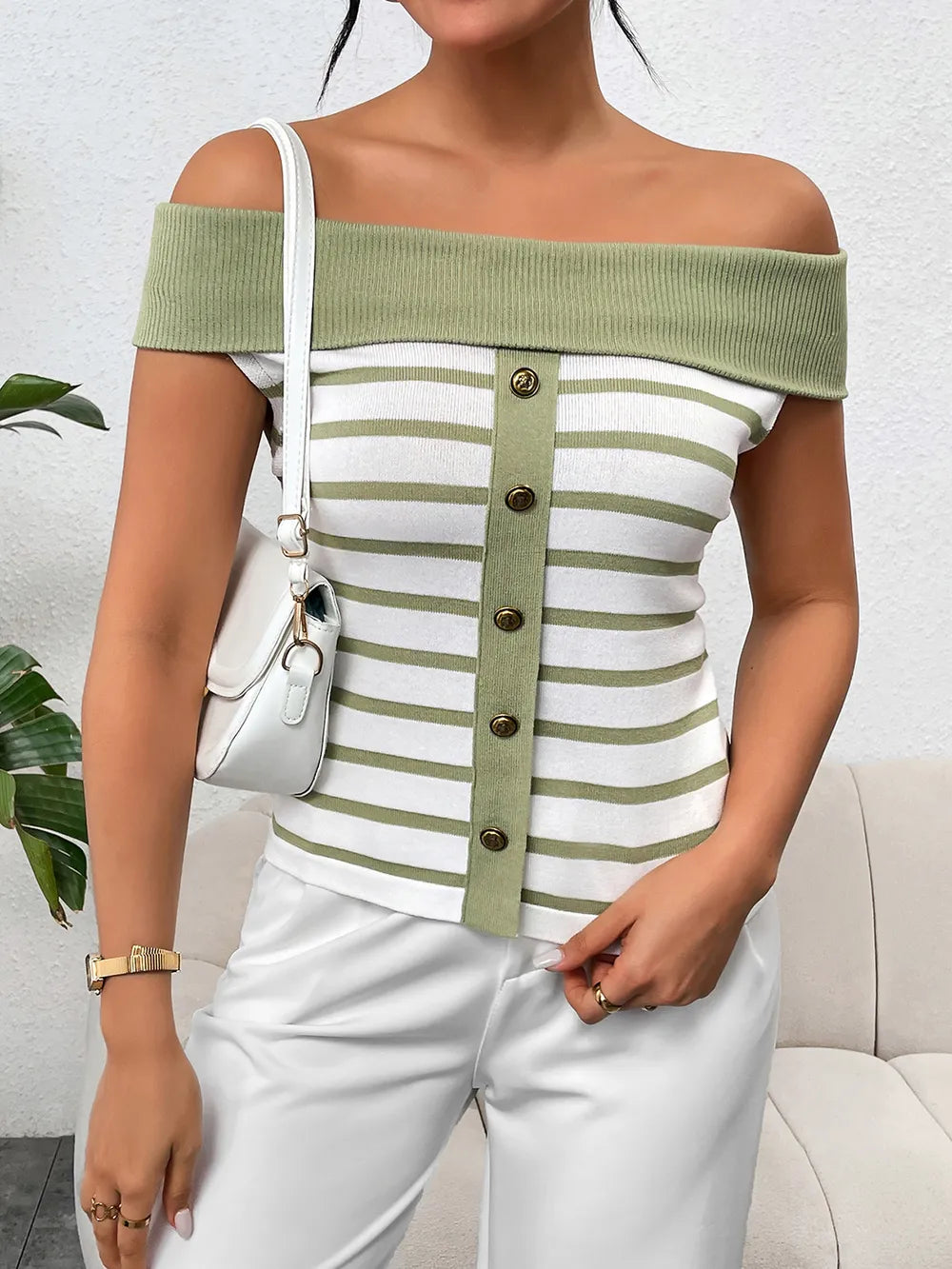 Decorative Button Striped Off-shoulder Knit Top (4)