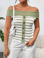 Decorative Button Striped Off-shoulder Knit Top (4)