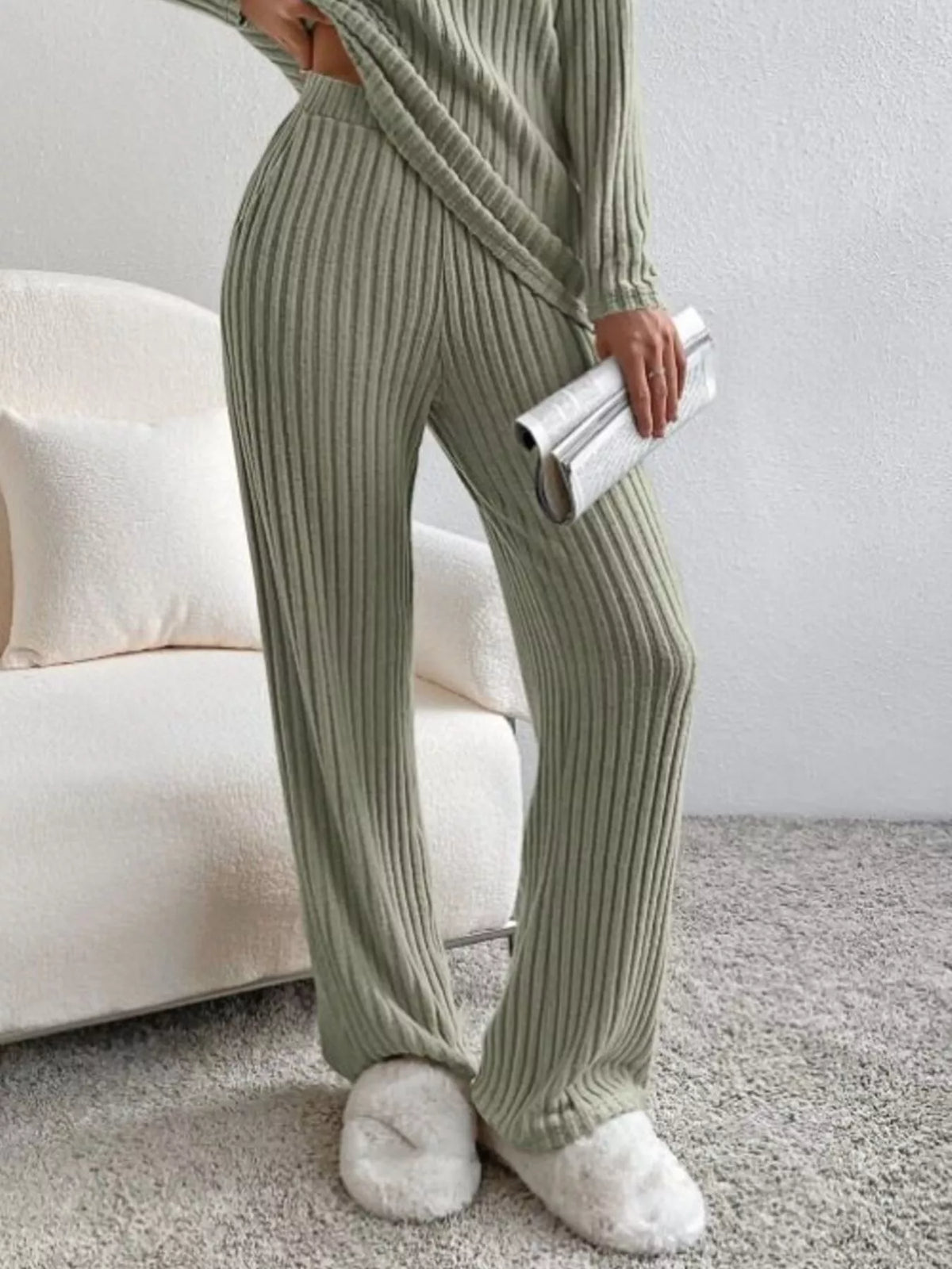 Ribbed Knit V-neck Top Pants Set (17)