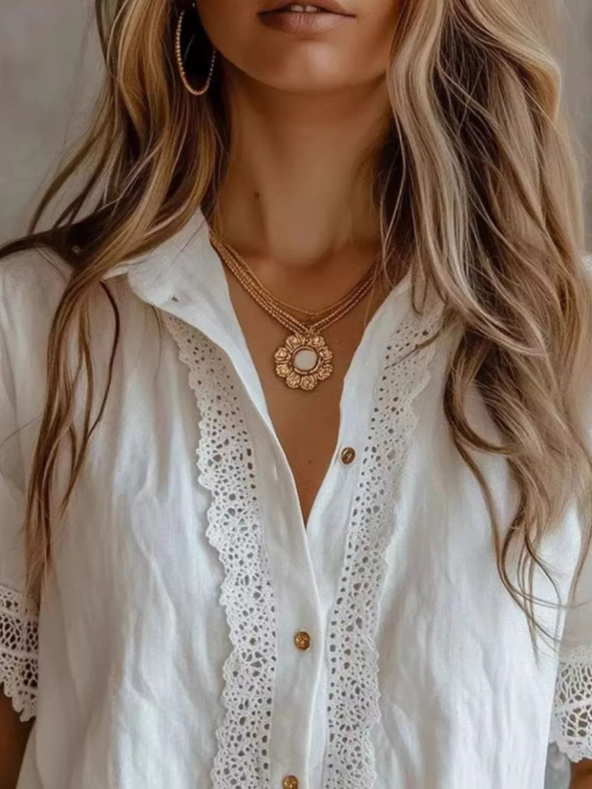 Lace-trimmed Short Sleeve Button-down Shirt (3)