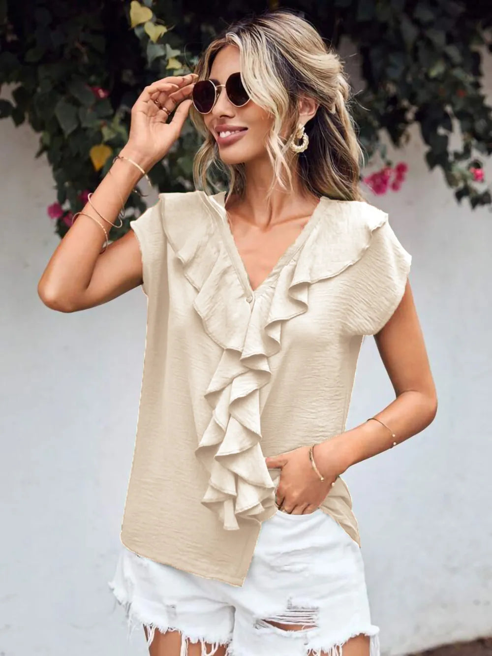 Ruffled V-neck Short Sleeve Blouse (10)