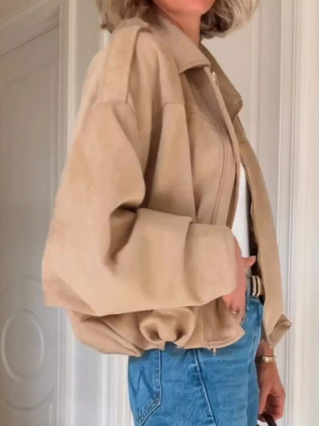 Zip Up Dropped Shoulder Suede Jacket (3)